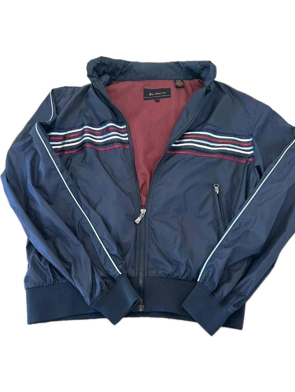 Ben Sherman Men’s Navy Blue w/ Red White Blue Stripe Bomber Jacket Full Zip Sz L